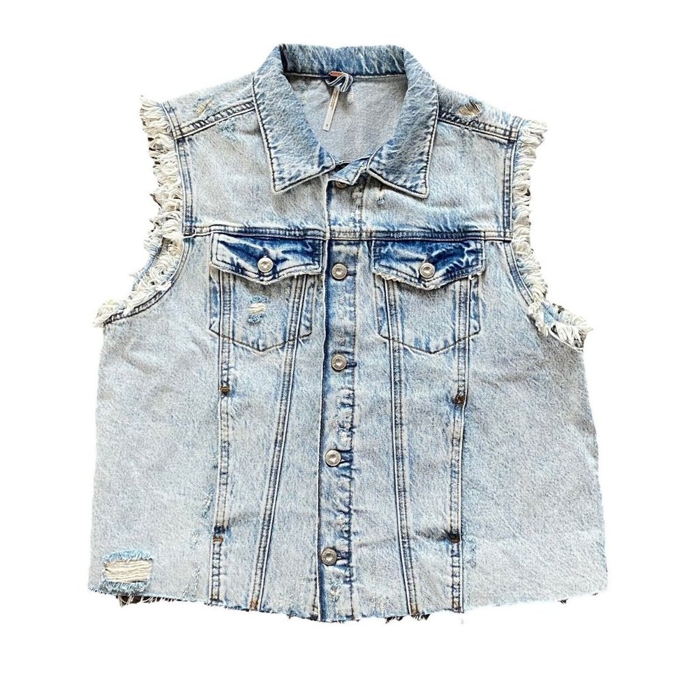 Free People Light Wash Distressed Sleeveless Denim Jacket